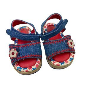 Vintage Denim Floral Baby Sandals With Velcro Strap & Flower Accent Size 2